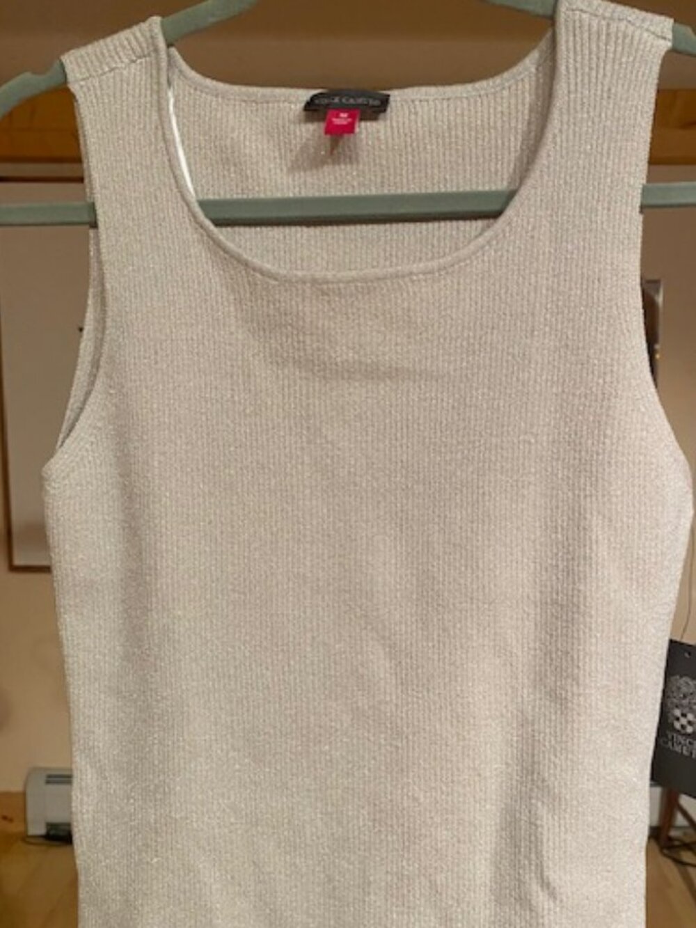 Vince Camuto Beige Scoop neck Tank metallic knit NWT Medium Rayon Nylon Poly